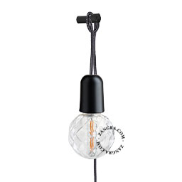 Matt black porcelain plug-in pendant light with switch.