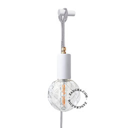 White plug-in pendant light with switch.
