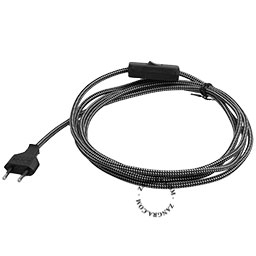 Black and white textile cable with plug and switch.