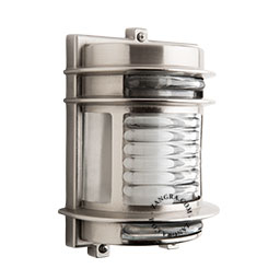 Nickel-plated brass marine wall light for bathroom or outdoor use.