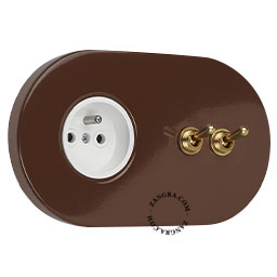Brown outlet with raw brass double switch.