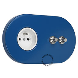 Blue wall outlet with double switch with nickel-plated pushbuttons.