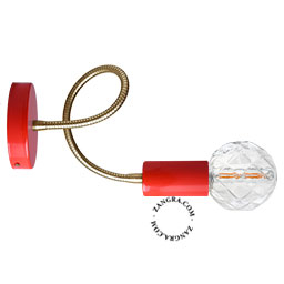 Red wall light with flexible arm.