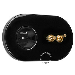black flush mount outlet & two-way or simple switch – raw brass toggle & pushbutton