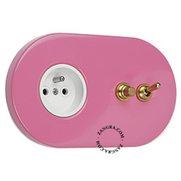 pink flush mount outlet & two-way or simple switch – raw brass toggle & pushbutton