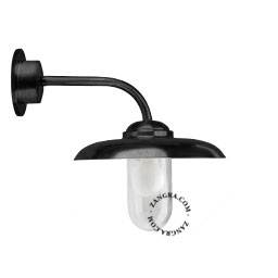 Black brass wall light with swan neck for bathroom or outdoor use.