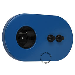 prise et interrupteur bleue avec double bouton-poussoir en laiton noir - encastrable facilement