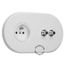 white wall outlet with double switch - nickel-plated pushbuttons
