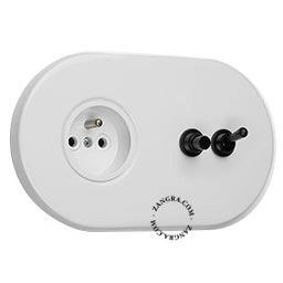 Produto tomada embutida em branco e interruptor bidirecional ou simples - alavanca e botão de pressão em preto Imagem