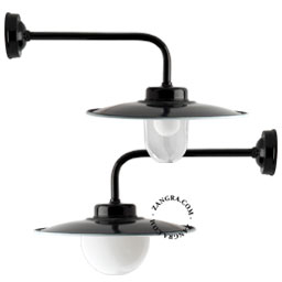 Industrial wall light with glass shade for bathroom or outdoor use.