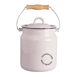 Small compost bin in pastel pink enamel with wooden handle.