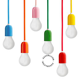 Colourful pendant lights.