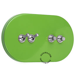 interrupteur vert avec 2 leviers et 2 boutons-poussoirs en laiton nickele