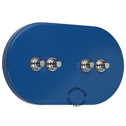 4 boutons-poussoirs en laiton nickele sur un interrupteur avec socle en acier bleu