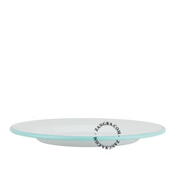 White enamel plate with light blue rim.
