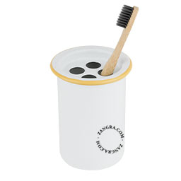 Enamel toothbrush holder with caramel rim.
