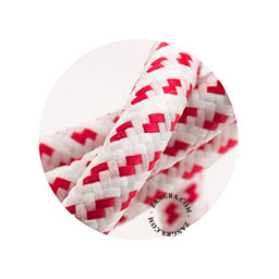 White fabric cable with red pattern.