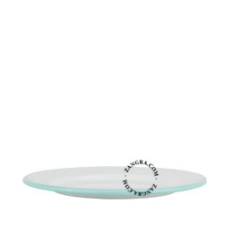White enamel plate with blue rim.