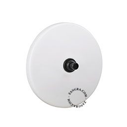 Matte white porcelain switch with black pushbutton.
