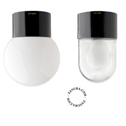 Black porcelain light with glass globe for bathroom or outdoor use.