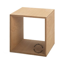 Cube-shaped bedside table.