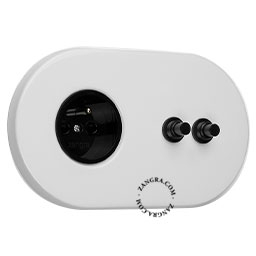 prise et interrupteur blanche avec double bouton-poussoir en laiton noir - encastrable facilement