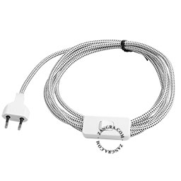 White and black textile cable with plug and switch.