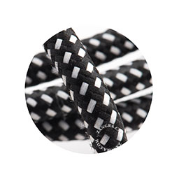 Black fabric cable with white dots.