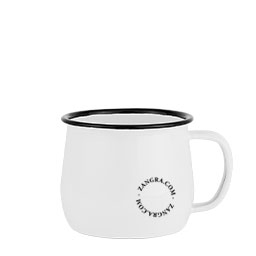White enamel mug with black rim.