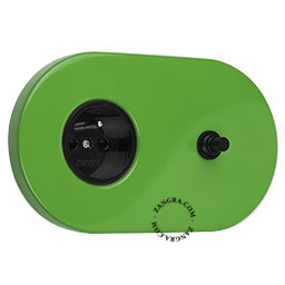 Green and black outlet & switch with black pushbutton.