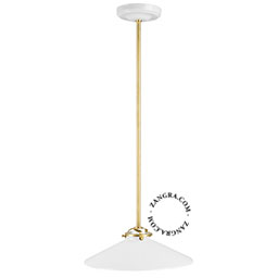 Pendant light with opal glass shade and brass arm.