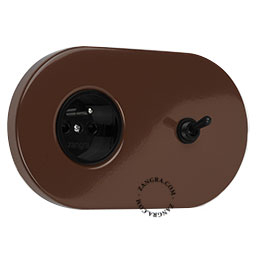 Brown flush mount outlet & switch with black toggle.
