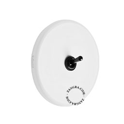 Round white porcelain light switch.