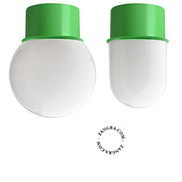 Green ceiling light with glass shade.