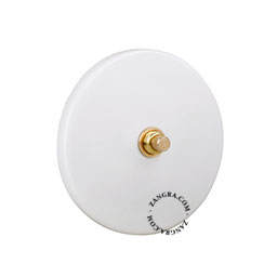 Matte white porcelain switch with brass pushbutton.