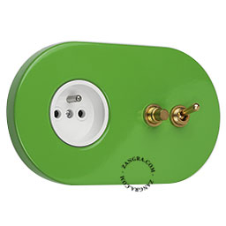 green flush mount outlet & two-way or simple switch – raw brass toggle & pushbutton