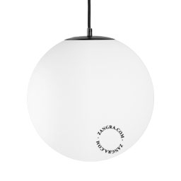 Pendant light with frosted glass lampshade.