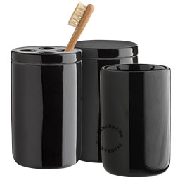 Black porcelain toothbrush holder, box and cup set.