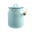 Small compost bin in light blue enamel with wooden handle.