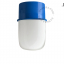 Blue ceiling light with glass shade.