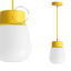 Yellow pendant light with glass shade.