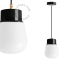 Black pendant light with glass shade.