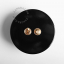 Black round switch with brass pushbutton and lever.