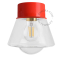 Red ceiling light with glass shade.