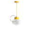 Yellow pendant light with glass shade.