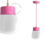 Pink pendant light with glass shade.
