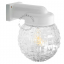 White porcelain wall light with glass globe for bathroom or outdoor use.