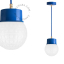 Blue pendant light with glass shade.