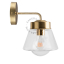 Retro brass wall light with glass shade.