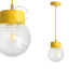 Yellow pendant light with glass shade.